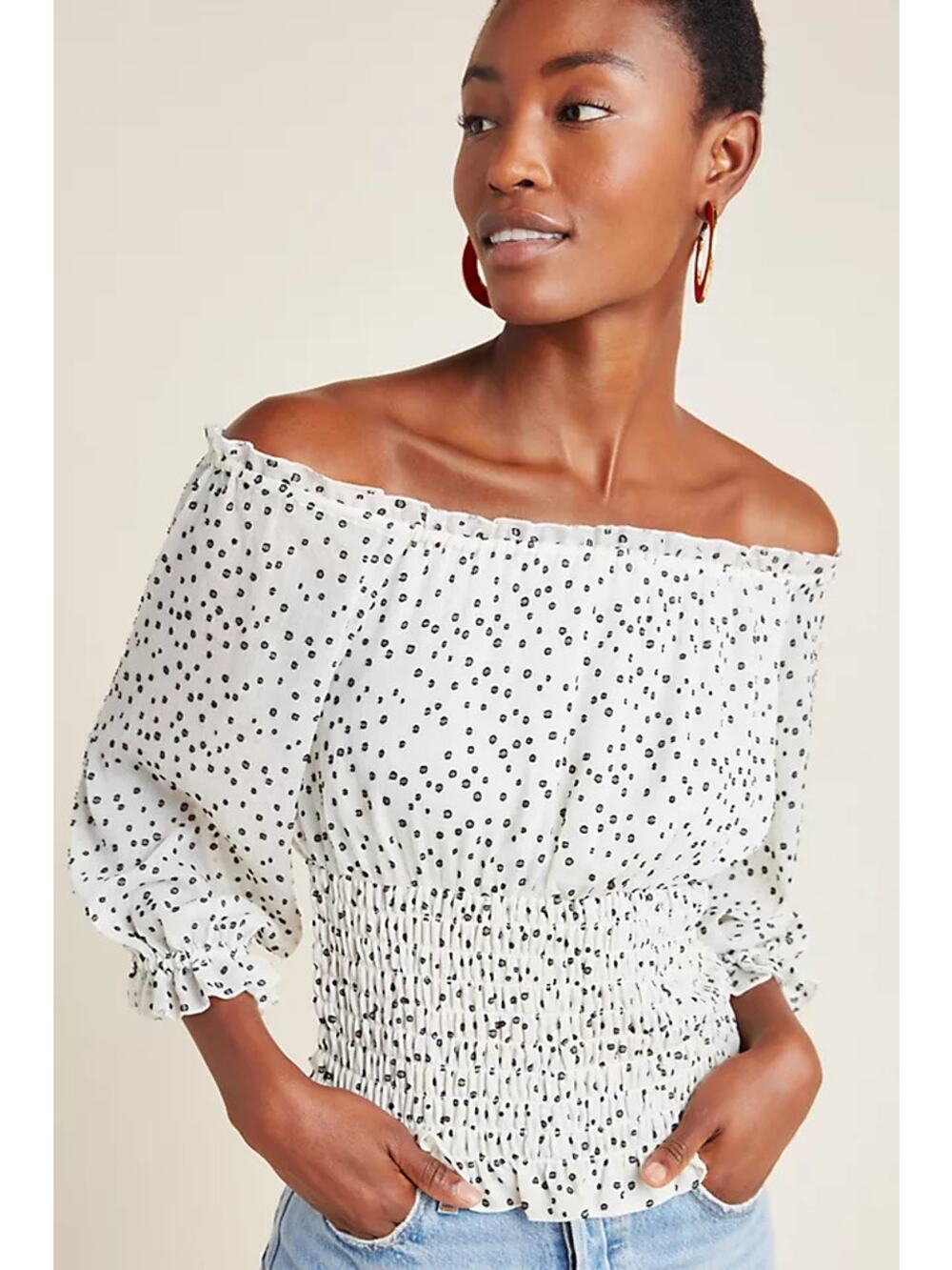 Anthropologie Women's Size Large White & Black Lucia Off-The-Shoulder Blouse